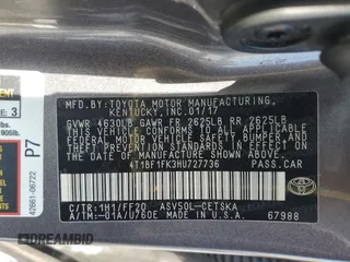 2017 Toyota Camry XLE с VIN 4T1BF1FK3HU727736, выставлен на аукционе Copart как лот 56312865 с пробегом 175 721 миль миль и Списание • Salvage title. История ставок и продаж доступна на DreamBid. Изображение 12.