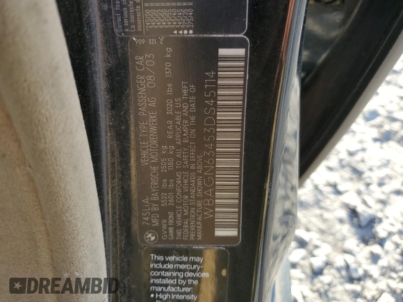 2003 BMW 7 Series 745Li with VIN WBAGN63453DS45114, listed as a Copart auction lot 82700834 with 182,998 mi miles and Salvage Title. Bid and sale history available at carsss.com. Image 14.