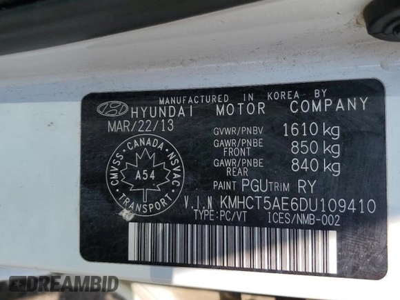 2013 Hyundai Accent GS with VIN KMHCT5AE6DU109410, listed as a Copart auction lot 61259285 with 249,033 mi miles and Salvage title. Bid and sale history available at DreamBid. Image 12.