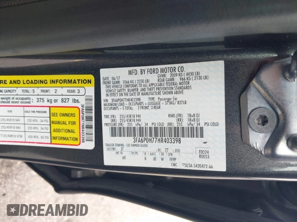 2017 Ford Fusion SE с VIN 3FA6P0H77HR403398, выставлен на аукционе IAAI как лот 42358950 с пробегом 112 588 миль миль и . История ставок и продаж доступна на DreamBid. Изображение 9.