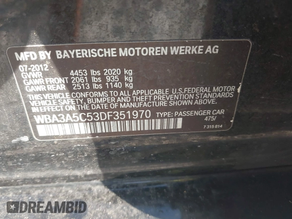 2013 BMW 3 Series 328i with VIN WBA3A5C53DF351970, listed as a IAAI auction lot 42142508 with 174,265 mi miles. Bid and sale history available at carsss.com. Image 9.