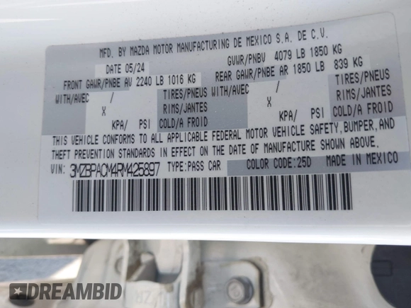 2024 Mazda 3 S Preferred with VIN 3MZBPACM4RM425897, listed as a IAAI auction lot 42598965 with 3,605 mi miles and . Bid and sale history available at DreamBid. Image 9.