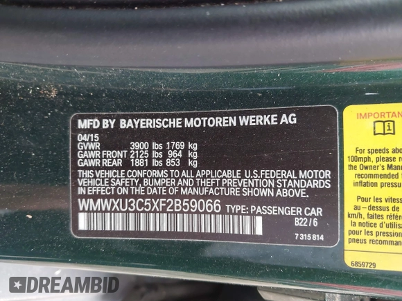 2015 MINI Hardtop 4 Door S with VIN WMWXU3C5XF2B59066, listed as a IAAI auction lot 40900773 with 14,618 mi miles and . Bid and sale history available at DreamBid. Image 9.
