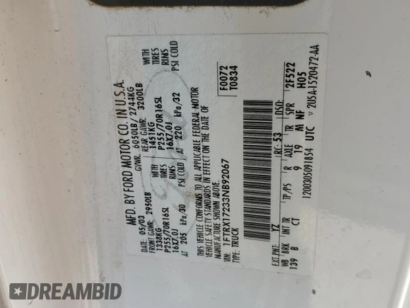 2003 Ford F-150 XL z VIN 1FTRX17233NB92067, wystawiony jako Copart lot #57986555 z przebiegiem 179 101 mil mil oraz Szkoda całkowita • Salvage title. Historia ofert i sprzedaży dostępna na DreamBid. Obrazek 12.