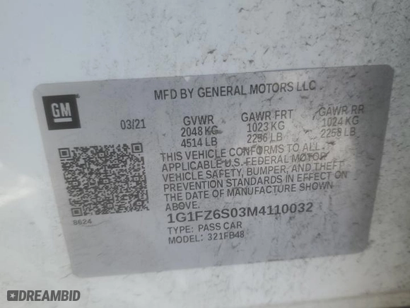 2021 Chevrolet Bolt EV Premier with VIN 1G1FZ6S03M4110032, listed as a Copart auction lot 87728345 with 34,248 mi miles and Salvage Title. Bid and sale history available at carsss.com. Image 13.