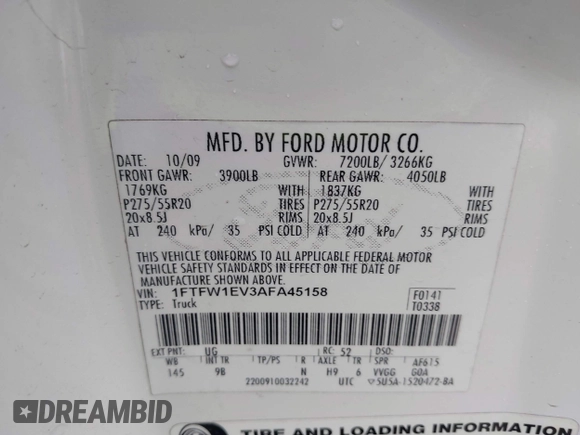 2010 Ford F-150 XL with VIN 1FTFW1EV3AFA45158, listed as a IAAI auction lot 41927394 with 178,328 mi miles. Bid and sale history available at carsss.com. Image 9.
