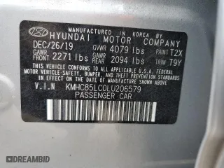 2020 Hyundai Ioniq Hybrid SEL with VIN KMHC85LC0LU206579, listed as a Copart auction lot 87721065 with 37,527 mi miles and Salvage Title. Bid and sale history available at carsss.com. Image 13.