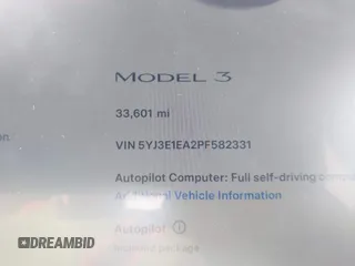 2023 Tesla Model 3 with VIN 5YJ3E1EA2PF582331, listed as a IAAI auction lot 41043858 with 33,601 mi miles and . Bid and sale history available at DreamBid. Image 15.