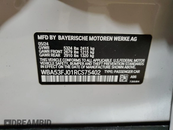 2024 BMW 5 Series 530i xDrive with VIN WBA53FJ01RCS75402, listed as a Copart auction lot 88289285 with 8,802 mi miles and Salvage Title. Bid and sale history available at carsss.com. Image 12.