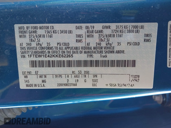 2019 Ford F-150 XL with VIN 1FTEW1E42KKE62265, listed as a IAAI auction lot 41477922 with 22,910 mi miles. Bid and sale history available at carsss.com. Image 9.