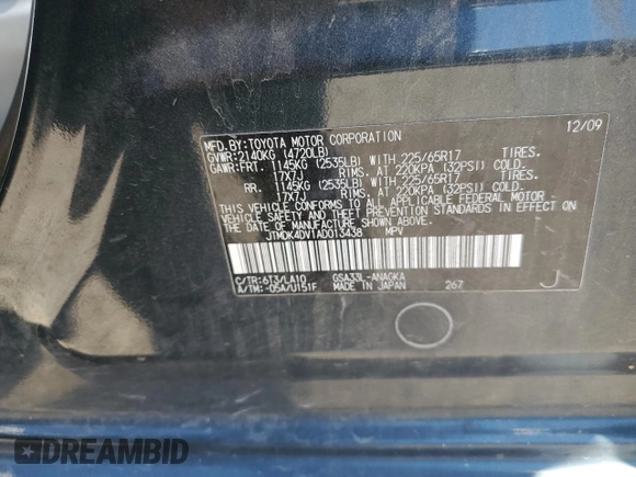 2010 Toyota RAV4 Limited with VIN JTMDK4DV1AD013438, listed as a Copart auction lot 63256435 with 168,175 mi miles and Salvage title. Bid and sale history available at DreamBid. Image 13.