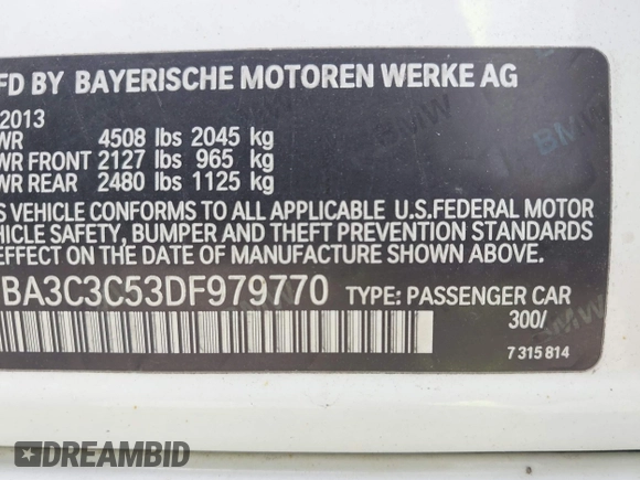 2013 BMW 3 Series 320i xDrive with VIN WBA3C3C53DF979770, listed as a IAAI auction lot 42373648 with 151,142 mi miles and . Bid and sale history available at DreamBid. Image 9.