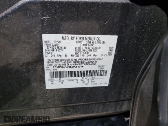 2020 Ford Edge Titanium with VIN 2FMPK4K99LBA55976, listed as a Copart auction lot 63124465 with Not provided miles and Non repairable. Bid and sale history available at DreamBid. Image 13.