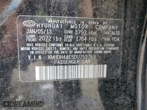 2013 Hyundai Elantra GLS with VIN KMHDH4AE5DU753769, listed as a Copart auction lot 58763055 with 108,331 mi miles and Salvage title. Bid and sale history available at DreamBid. Image 12.