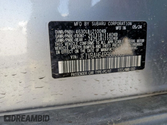 2024 Subaru WRX Premium with VIN JF1VBAH64R9809305, listed as a Copart auction lot 51213245 with 2,496 mi miles and Salvage title. Bid and sale history available at DreamBid. Image 12.