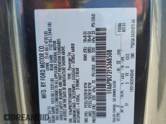 2015 Ford Mustang GT z VIN 1FA6P8CF2F5368508, wystawiony jako Copart lot #56778705 z przebiegiem 129 007 mil mil oraz Szkoda całkowita • Salvage title. Historia ofert i sprzedaży dostępna na DreamBid. Obrazek 12.