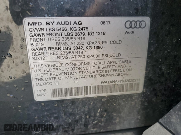 2018 Audi Q5 Premium with VIN WA1ANAFY8J2020313, listed as a Copart auction lot 54078575 with 76,133 mi miles and Salvage Title. Bid and sale history available at DreamBid. Image 13.