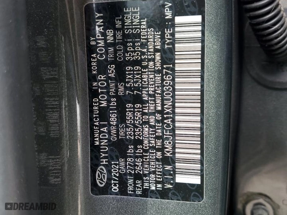 2022 Hyundai Tucson Hybrid SEL Convenience with VIN KM8JFCA1XNU039671, listed as a Copart auction lot 46140935 with 57,625 mi miles and Salvage Title. Bid and sale history available at carsss.com. Image 13.