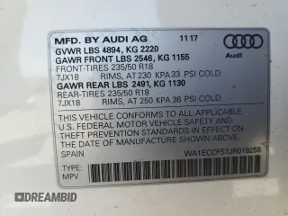 2018 Audi Q3 Premium with VIN WA1ECCFS7JR019255, listed as a Copart auction lot 54581155 with 76,923 mi miles and Salvage title. Bid and sale history available at DreamBid. Image 13.