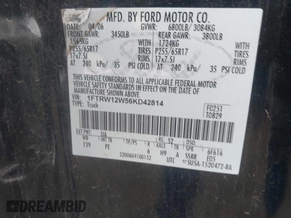 2006 Ford F-150 XLT with VIN 1FTRW12W56KD42814, listed as a IAAI auction lot 41961359 with 234,492 mi miles. Bid and sale history available at carsss.com. Image 9.