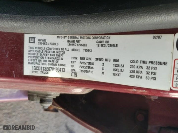 2007 Chevrolet Colorado LT w/1LT with VIN 1GCDT13E678199413, listed as a Copart auction lot 48928765 with 144,762 mi miles and Clean Title. Bid and sale history available at carsss.com. Image 12.