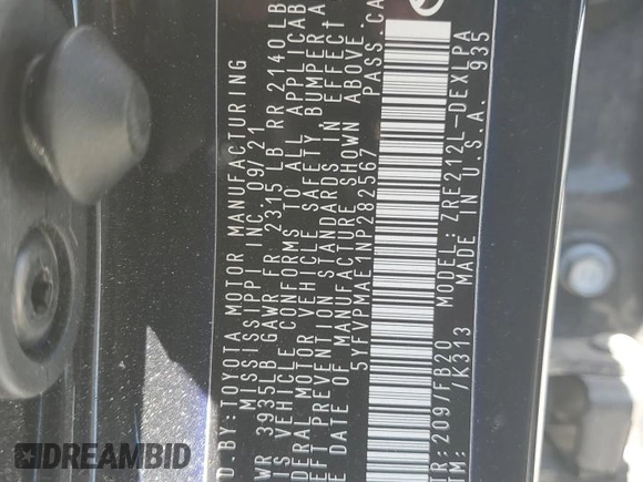 2022 Toyota Corolla LE with VIN 5YFVPMAE1NP282567, listed as a Copart auction lot 48167725 with 69,288 mi miles and Salvage Title. Bid and sale history available at DreamBid. Image 12.