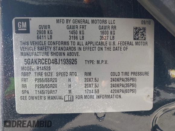 2011 Buick Enclave CXL-2 with VIN 5GAKRCED4BJ193926, listed as a IAAI auction lot 39311118 with 176,807 mi miles and . Bid and sale history available at DreamBid. Image 9.