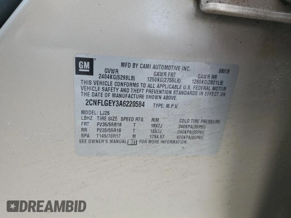 2010 Chevrolet Equinox LTZ with VIN 2CNFLGEY3A6220584, listed as a Copart auction lot 49052525 with 121,427 mi miles and Salvage Title. Bid and sale history available at DreamBid. Image 13.