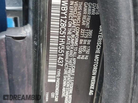 2017 BMW i3 with VIN WBY1Z8C51HV551437, listed as a Copart auction lot 60521015 with 64,343 mi miles and Salvage title. Bid and sale history available at DreamBid. Image 12.
