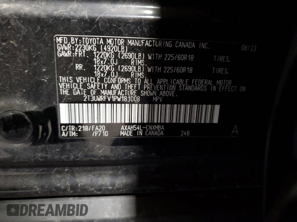 2023 Toyota RAV4 Hybrid XLE with VIN 2T3UWRFV1PW181008, listed as a Copart auction lot 56516305 with 39,586 mi miles and Salvage title. Bid and sale history available at DreamBid. Image 13.