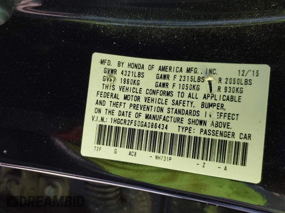 2016 Honda Accord Sport with VIN 1HGCR2F50GA086434, listed as a IAAI auction lot 42010233 with 126,597 mi miles and . Bid and sale history available at DreamBid. Image 9.