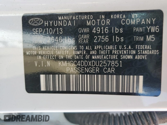 2013 Hyundai Genesis 3.8L with VIN KMHGC4DDXDU257851, listed as a Copart auction lot 59491725 with 95,844 mi miles and Salvage title. Bid and sale history available at DreamBid. Image 12.