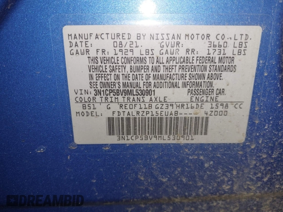 2021 Nissan Kicks S with VIN 3N1CP5BV9ML530901, listed as a IAAI auction lot 41672232 with Not Provided miles and . Bid and sale history available at carsss.com. Image 9.