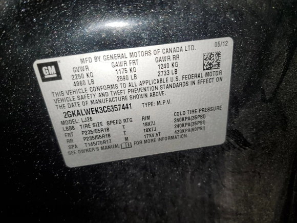 2012 GMC Terrain SLT-2 with VIN 2GKALWEK3C6357441, listed as a Copart auction lot 56320985 with 156,122 mi miles and Salvage title. Bid and sale history available at DreamBid. Image 13.