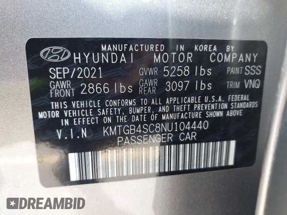 2022 Genesis G80 2.5T with VIN KMTGB4SC8NU104440, listed as a IAAI auction lot 41872083 with 35,871 mi miles. Bid and sale history available at carsss.com. Image 9.
