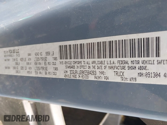 2019 Ram ProMaster Cargo with VIN 3C6URVJG9KE564263, listed as a IAAI auction lot 41929605 with Not Provided miles and . Bid and sale history available at carsss.com. Image 9.