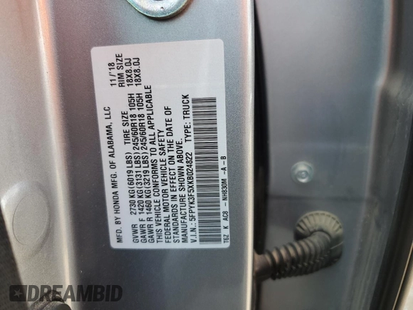 2019 Honda Ridgeline RTL with VIN 5FPYK3F5XKB024822, listed as a Copart auction lot 58831485 with Not provided miles and Salvage title. Bid and sale history available at DreamBid. Image 12.