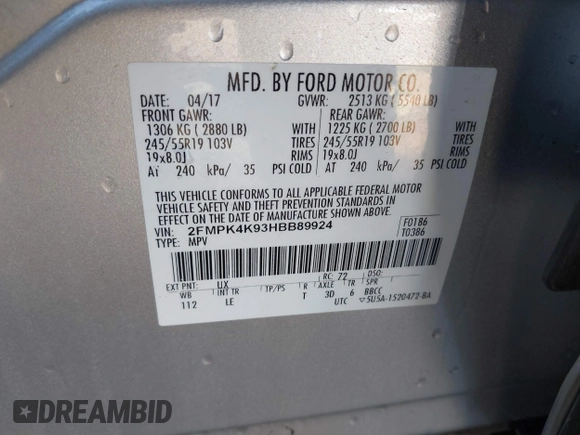 2017 Ford Edge Titanium with VIN 2FMPK4K93HBB89924, listed as a IAAI auction lot 41901181 with 108,619 mi miles. Bid and sale history available at carsss.com. Image 9.