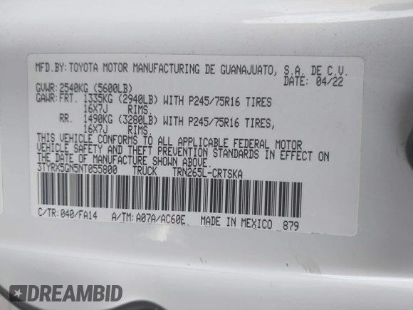 2022 Toyota Tacoma SR z VIN 3TYRX5GN5NT055800, wystawiony jako IAAI lot #42109011 z przebiegiem 30 236 mil mil oraz . Historia ofert i sprzedaży dostępna na DreamBid. Obrazek 9.