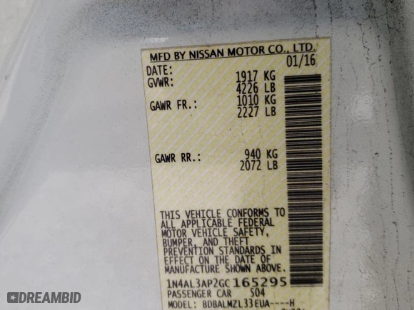 2016 Nissan Altima 2.5 SL with VIN 1N4AL3AP2GC165295, listed as a Copart auction lot 52247795 with 145,935 mi miles and Salvage Title. Bid and sale history available at carsss.com. Image 13.