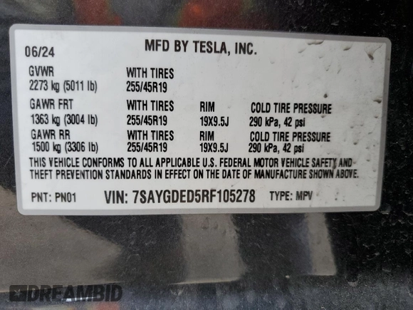 2024 Tesla Model Y with VIN 7SAYGDED5RF105278, listed as a Copart auction lot 44376125 with 12,693 mi miles and Salvage Title. Bid and sale history available at DreamBid. Image 13.