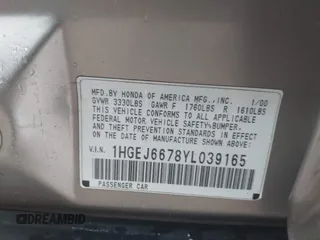 2000 Honda Civic LX z VIN 1HGEJ6678YL039165, wystawiony jako IAAI lot #42441308 z przebiegiem 174 584 mil mil oraz . Historia ofert i sprzedaży dostępna na DreamBid. Obrazek 9.