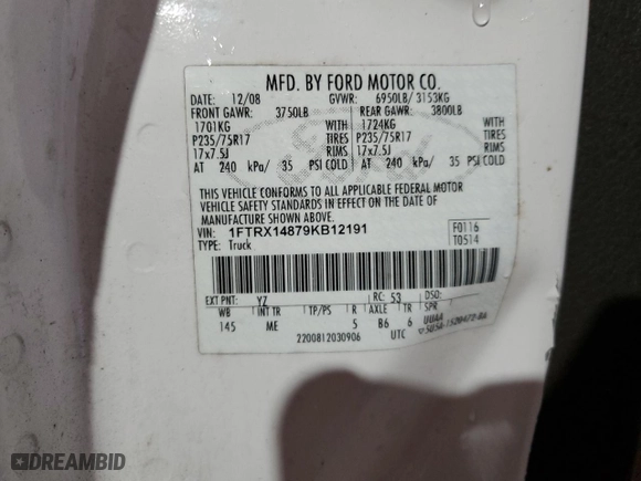 2009 Ford F-150 STX with VIN 1FTRX14879KB12191, listed as a Copart auction lot 86834684 with 209,401 mi miles and Salvage Title. Bid and sale history available at carsss.com. Image 15.