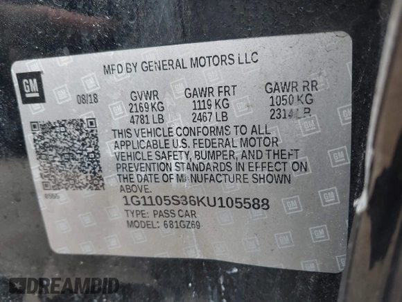 2019 Chevrolet Impala Premier with VIN 1G1105S36KU105588, listed as a IAAI auction lot 42106517 with 108,943 mi miles and . Bid and sale history available at DreamBid. Image 9.