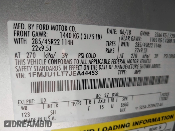 2018 Ford Expedition Platinum with VIN 1FMJU1LT7JEA44453, listed as a IAAI auction lot 41768729 with 87,951 mi miles and . Bid and sale history available at DreamBid. Image 9.