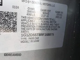 2024 Chevrolet Malibu LT with VIN 1G1ZD5ST8RF168875, listed as a IAAI auction lot 42187230 with 38,177 mi miles and . Bid and sale history available at DreamBid. Image 9.