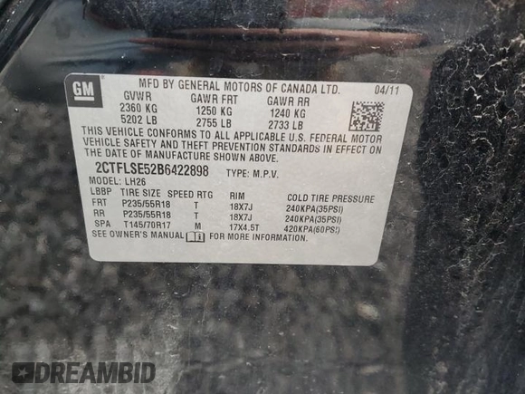 2011 GMC Terrain SLE-2 with VIN 2CTFLSE52B6422898, listed as a Copart auction lot 50394695 with 174,807 mi miles and Salvage Title. Bid and sale history available at DreamBid. Image 13.