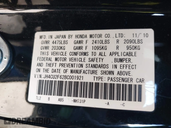 2011 Acura TSX with VIN JH4CU2F62BC001921, listed as a IAAI auction lot 42627473 with 140,804 mi miles and . Bid and sale history available at DreamBid. Image 9.