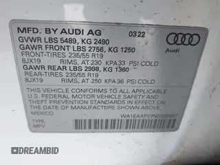 2022 Audi Q5 S line Premium Plus with VIN WA1EAAFY7N2092557, listed as a IAAI auction lot 41596625 with 50,217 mi miles. Bid and sale history available at carsss.com. Image 9.