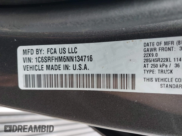 2022 Ram 1500 Limited z VIN 1C6SRFHM6NN134716, wystawiony jako IAAI lot #42250431 z przebiegiem 12 051 mil mil oraz . Historia ofert i sprzedaży dostępna na DreamBid. Obrazek 9.